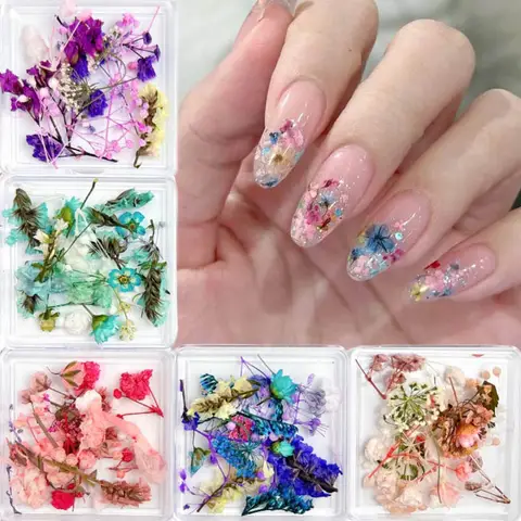 1box Mixed 3D Dried Flowers Nail Art Decorations Dry Floral Bloom Stickers DIY Manicure Charms Designs For Nails Accessories