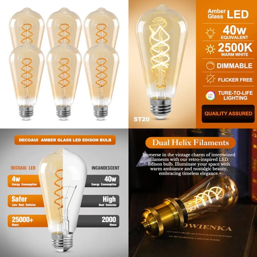 ST64 LED E26 Vintage Edison Light Bulbs, Light Amber Glass, Dimmable, 4W 40W Equivalent 300 Lumens, 2500K Warm White, Spiral Fi
ST64 LED E26 Vintage Edison Light Bulbs, Light Amber Glass, Dimmable, 4W 40W Equivalent 300 Lumens, 2500K Warm White, Spiral Fi
