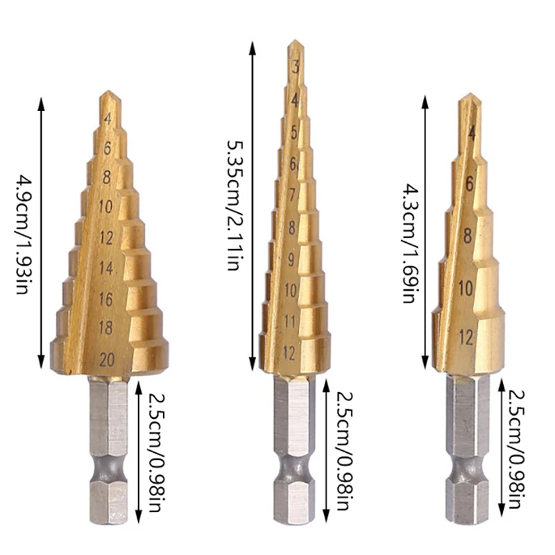 3pcs HSS Titanium-Coated Spiral Groove Step Drill Bit 3-12 4-12 4-20 Power Tool Step Drill Bits Set Metal Multi-Hole Taper Drill
3pcs HSS Titanium-Coated Spiral Groove Step Drill Bit 3-12 4-12 4-20 Power Tool Step Drill Bits Set Metal Multi-Hole Taper Drill