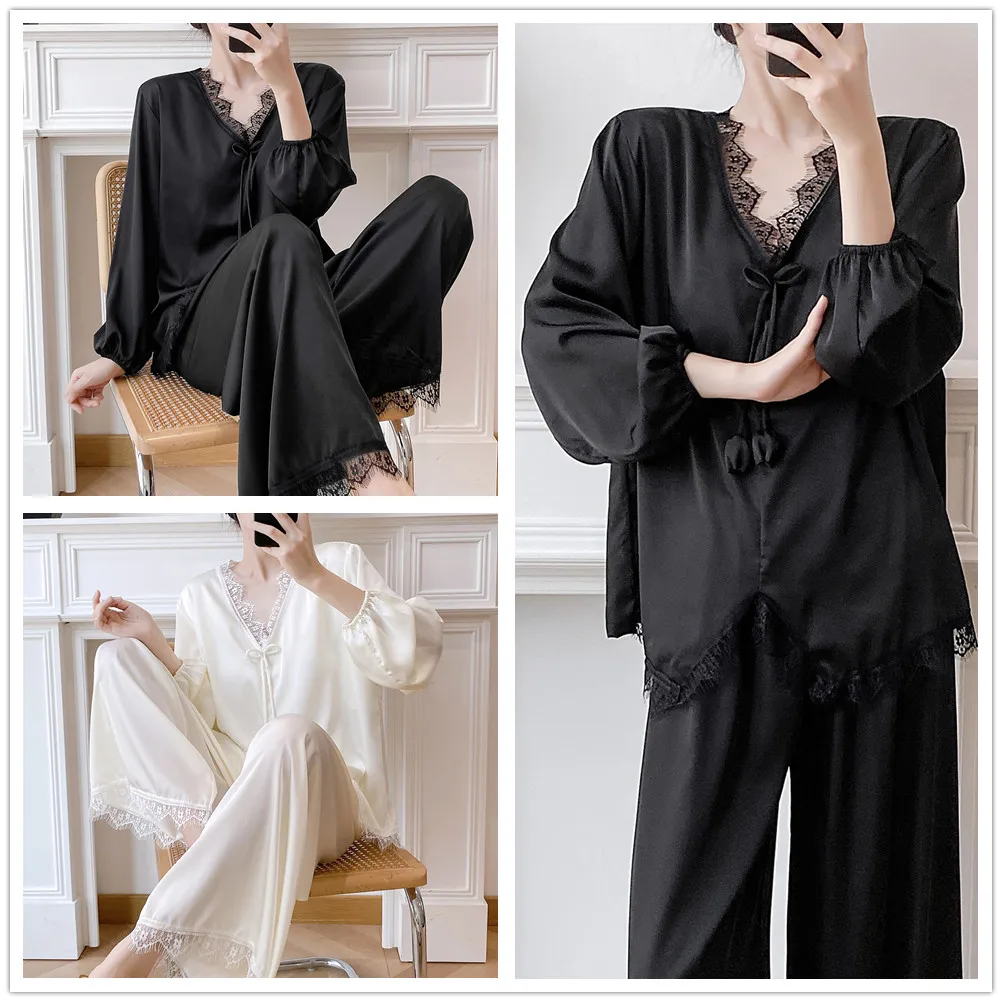 Female Long Sleeve Pullover With Chest Pad Pajamas Loungewear Satin Sleepwear Loose Elastic Waist Trouser Suit Homewear Pyjama
Female Long Sleeve Pullover With Chest Pad Pajamas Loungewear Satin Sleepwear Loose Elastic Waist Trouser Suit Homewear Pyjama