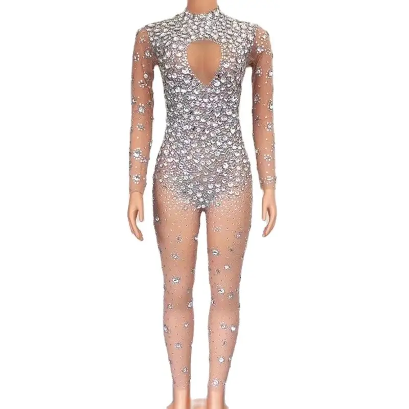 Women Dance Prom Party Clothes Sparkly Silver Crystals Transparent Long Sleeves Jumpsuit Birthday Celebrate Costume
Women Dance Prom Party Clothes Sparkly Silver Crystals Transparent Long Sleeves Jumpsuit Birthday Celebrate Costume