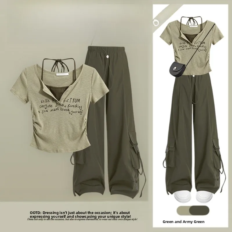 Summer Anti-Aging Set Women's Spicy Girl Neck Hanging Fake Two-Piece Vintage T-Shirt with High Waist Casual Work Pants Two-Pi...
Summer Anti-Aging Set Women's Spicy Girl Neck Hanging Fake Two-Piece Vintage T-Shirt with High Waist Casual Work Pants Two-Pi...