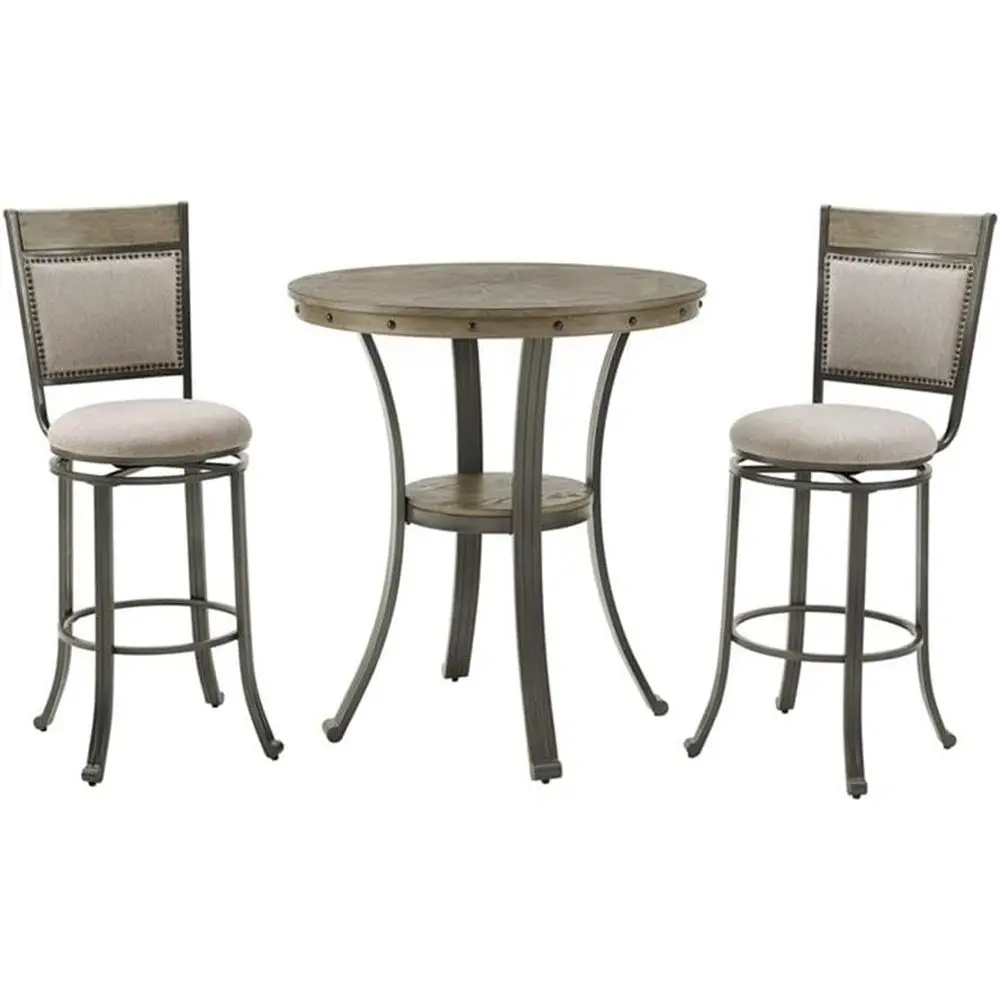 36 Round Wooden Pub Table with Pewter Finish, Storage Shelf, and 2 Swivel Bar Stools for Small Spaces
36 Round Wooden Pub Table with Pewter Finish, Storage Shelf, and 2 Swivel Bar Stools for Small Spaces