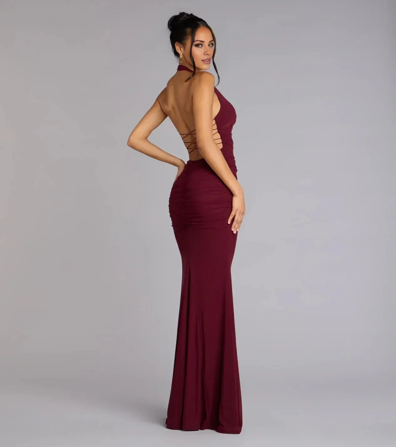Sexy Halter Lace-Up Evening Gown, Ruched Waist Mermaid Maxi Dress, Party Formal Gown
Sexy Halter Lace-Up Evening Gown, Ruched Waist Mermaid Maxi Dress, Party Formal Gown