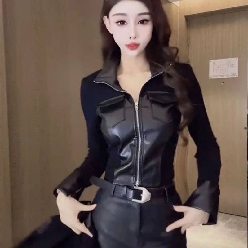 Fashion Splicing Leather Double Zipper Shirt For Women Locomotive jacket 2025 New Spring Autumn Top Thin Leather Shirts Jacket
Fashion Splicing Leather Double Zipper Shirt For Women Locomotive jacket 2025 New Spring Autumn Top Thin Leather Shirts Jacket