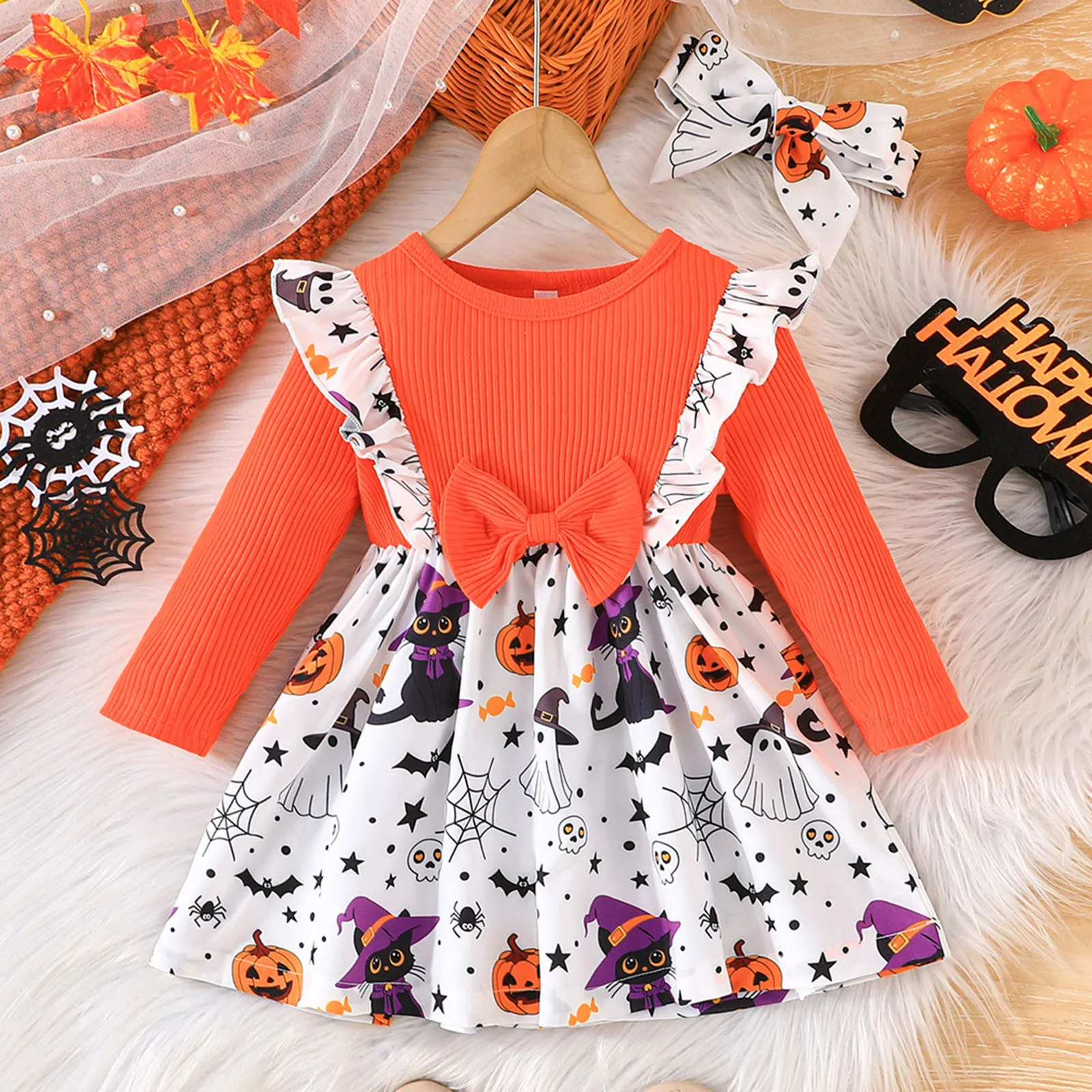 Children's Clothes Round Neck Strip Dress Headscarf 1-3 Year Baby Girl Dress Halloween Autumn Winter Dress
Children's Clothes Round Neck Strip Dress Headscarf 1-3 Year Baby Girl Dress Halloween Autumn Winter Dress