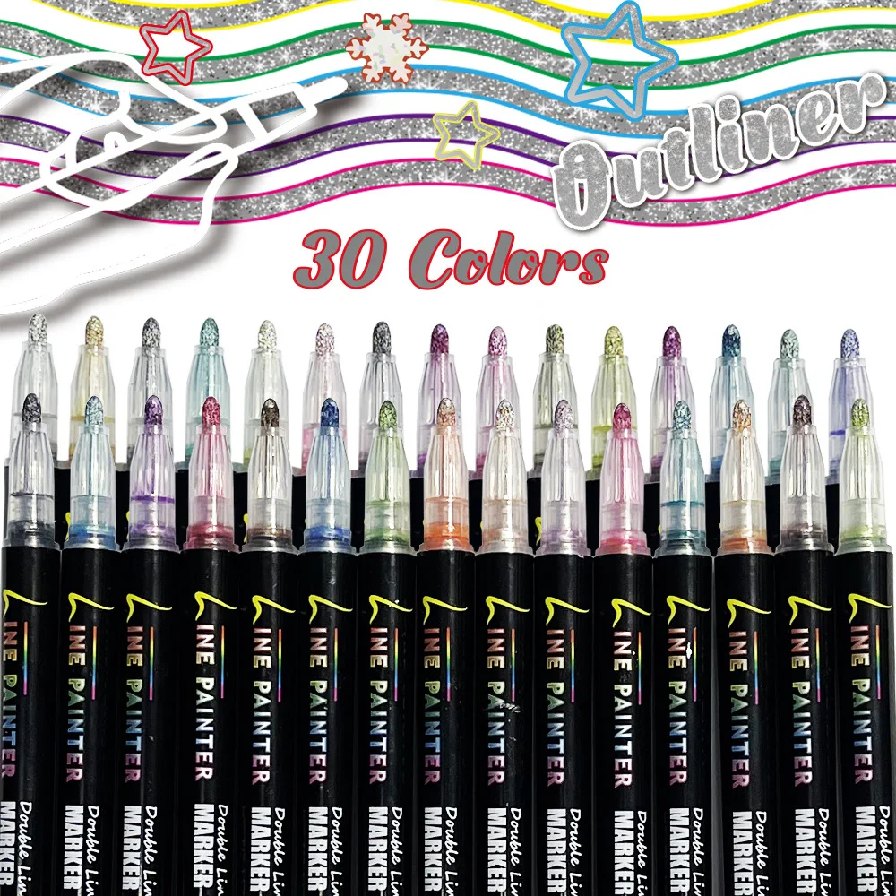30 Colors Double Line Outline Pens -Outline Metallic Markers - Shimmer Markers Glitter Pens for Doodling, Cards, DIY, Art Kits
30 Colors Double Line Outline Pens -Outline Metallic Markers - Shimmer Markers Glitter Pens for Doodling, Cards, DIY, Art Kits