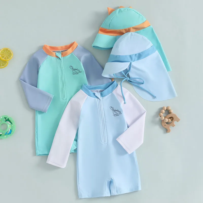 RUEWEY 0 to 3 Years Toddler Boys Rash Guard Swimsuit Contrast Color Dinosaur Long Sleeve Mock Neck Zip Bathing Suit with Hat
RUEWEY 0 to 3 Years Toddler Boys Rash Guard Swimsuit Contrast Color Dinosaur Long Sleeve Mock Neck Zip Bathing Suit with Hat