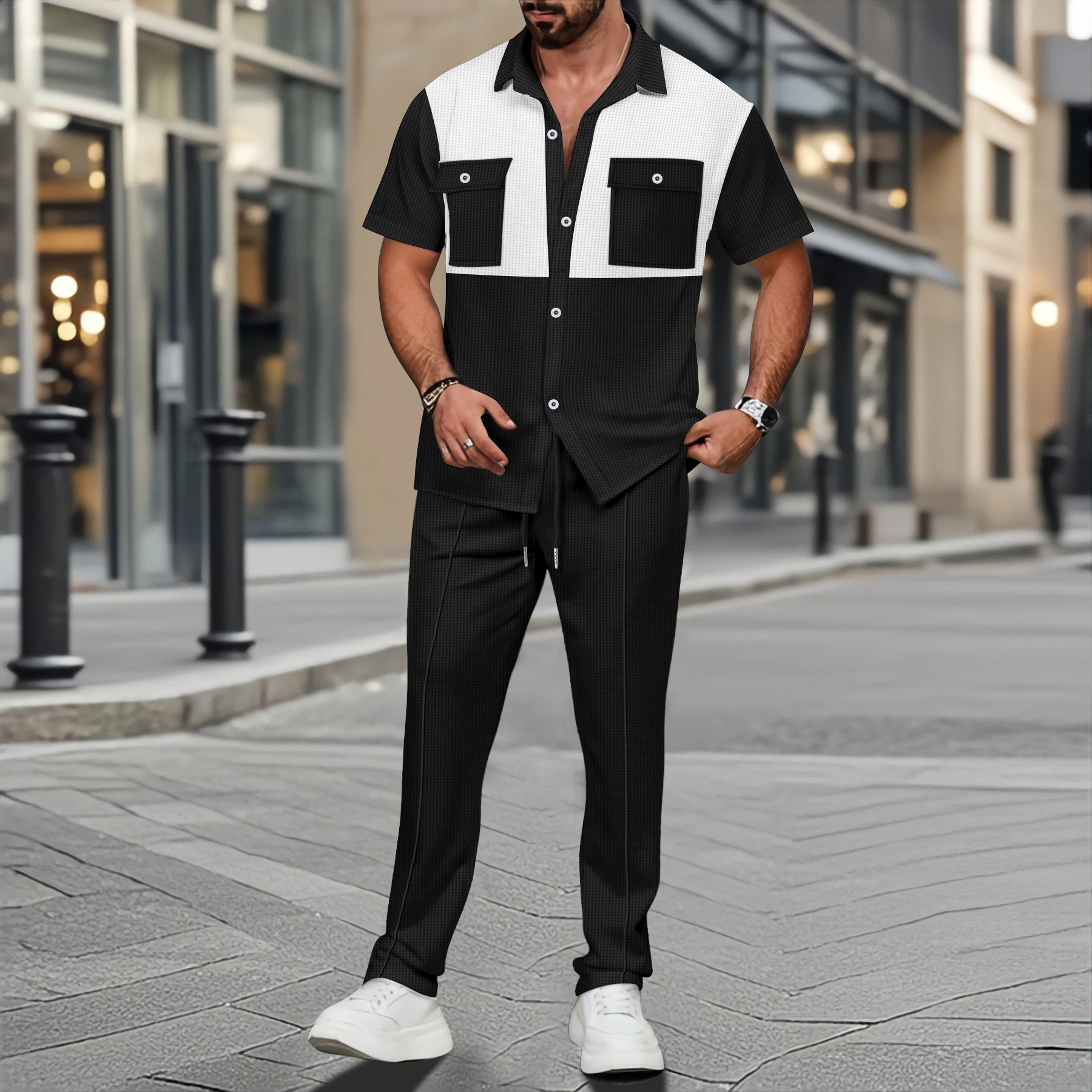Men's Waffle Knit Color Block Short Sleeve Shirt & Drawstring Pants Set
Men's Waffle Knit Color Block Short Sleeve Shirt & Drawstring Pants Set