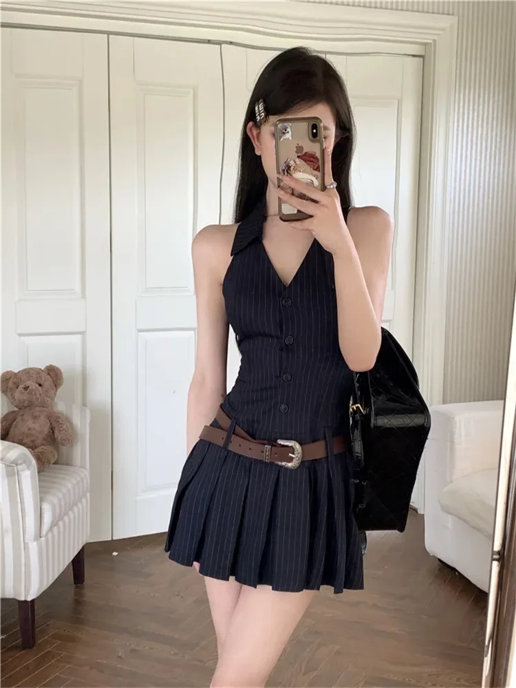 Sleeveless V Neck Halter Navy Blue Stripe Dress Summer Fashion Sweet Girl Single Breast Low Waist Belt Pleated A Line Mini Dress
Sleeveless V Neck Halter Navy Blue Stripe Dress Summer Fashion Sweet Girl Single Breast Low Waist Belt Pleated A Line Mini Dress