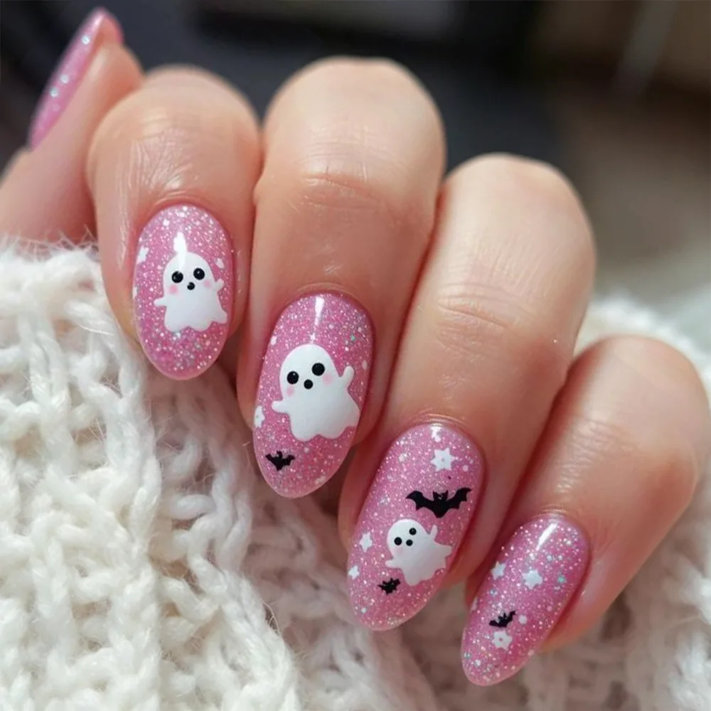 24pcs Pink Glitter Halloween Press On Nails Cute White Ghost Bat Star Print Fake Nail Short Almond Full Coverage Nail for Women
24pcs Pink Glitter Halloween Press On Nails Cute White Ghost Bat Star Print Fake Nail Short Almond Full Coverage Nail for Women