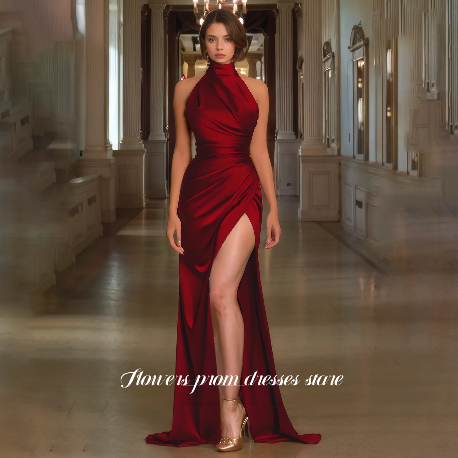 Flowers Prom Halter Evening Dress Long Party Dress with High Slit Satin Formal Pleated Prom Dresses 2025 فساتين مناسبة رسمية
Flowers Prom Halter Evening Dress Long Party Dress with High Slit Satin Formal Pleated Prom Dresses 2025 فساتين مناسبة رسمية