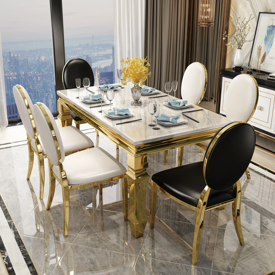 Dining table marble, postmodern simple small apartment living room rectangular stainless steel table and chair combination 6
Dining table marble, postmodern simple small apartment living room rectangular stainless steel table and chair combination 6