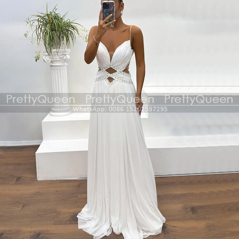 White Chiffon A Line Prom Dresses With Beaded Cut-Out Neck Customized Spaghetti Straps Long Sleeveless Sexy Women Party Dress
White Chiffon A Line Prom Dresses With Beaded Cut-Out Neck Customized Spaghetti Straps Long Sleeveless Sexy Women Party Dress