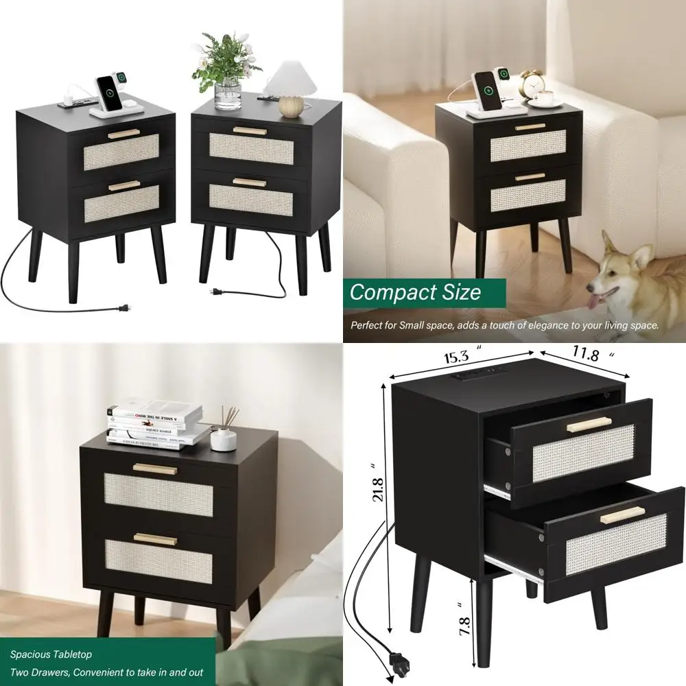 USB Charging Station Nightstand, Rattan Bedside Table with Wooden Legs, Outlets Included, Ideal for Bedroom and Living Spaces
USB Charging Station Nightstand, Rattan Bedside Table with Wooden Legs, Outlets Included, Ideal for Bedroom and Living Spaces