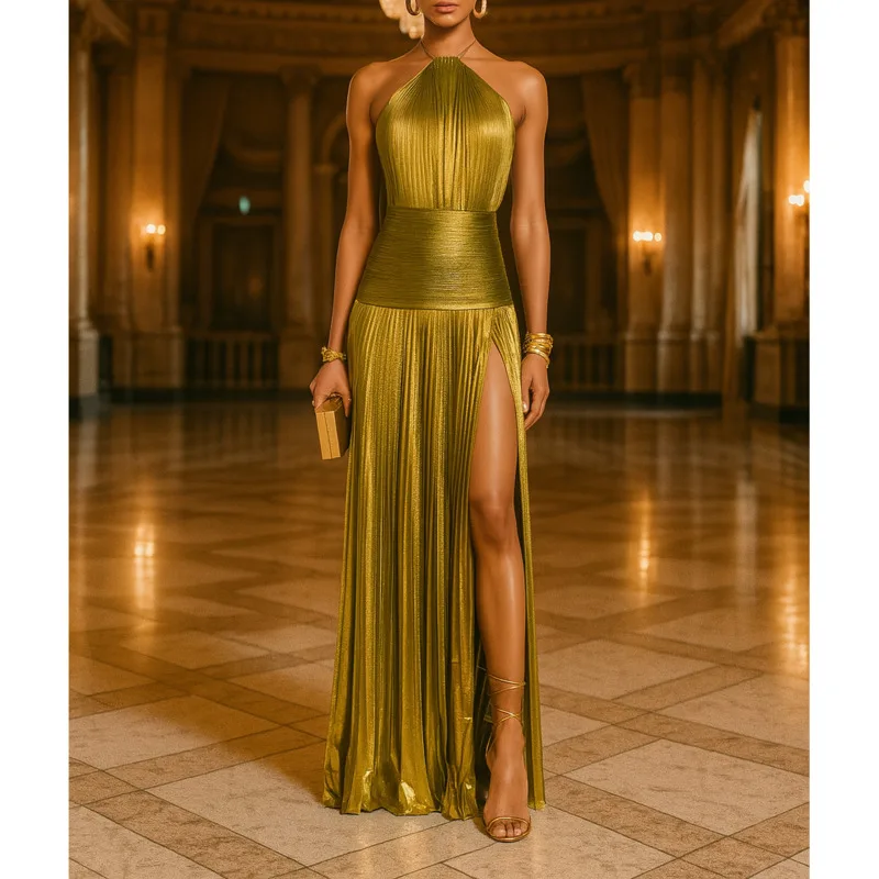 Sexy Gold Halter Maxi Dress For Women Backless Zip High Split Gown Elegant Pleated Evening Party Dress Spring Summer Outfit New
Sexy Gold Halter Maxi Dress For Women Backless Zip High Split Gown Elegant Pleated Evening Party Dress Spring Summer Outfit New