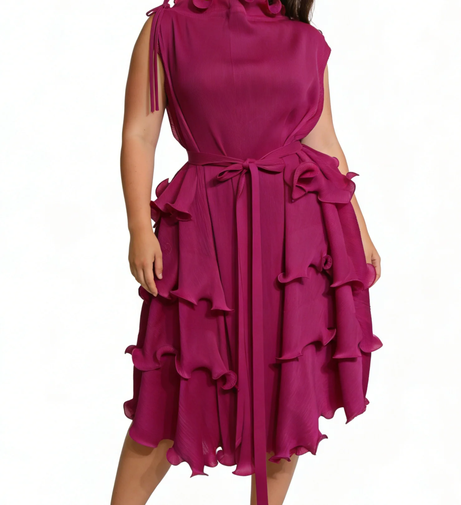 High-quality ruffled sleeveless women's summer dress with belted hem and pleated details.-GZXX026
High-quality ruffled sleeveless women's summer dress with belted hem and pleated details.-GZXX026