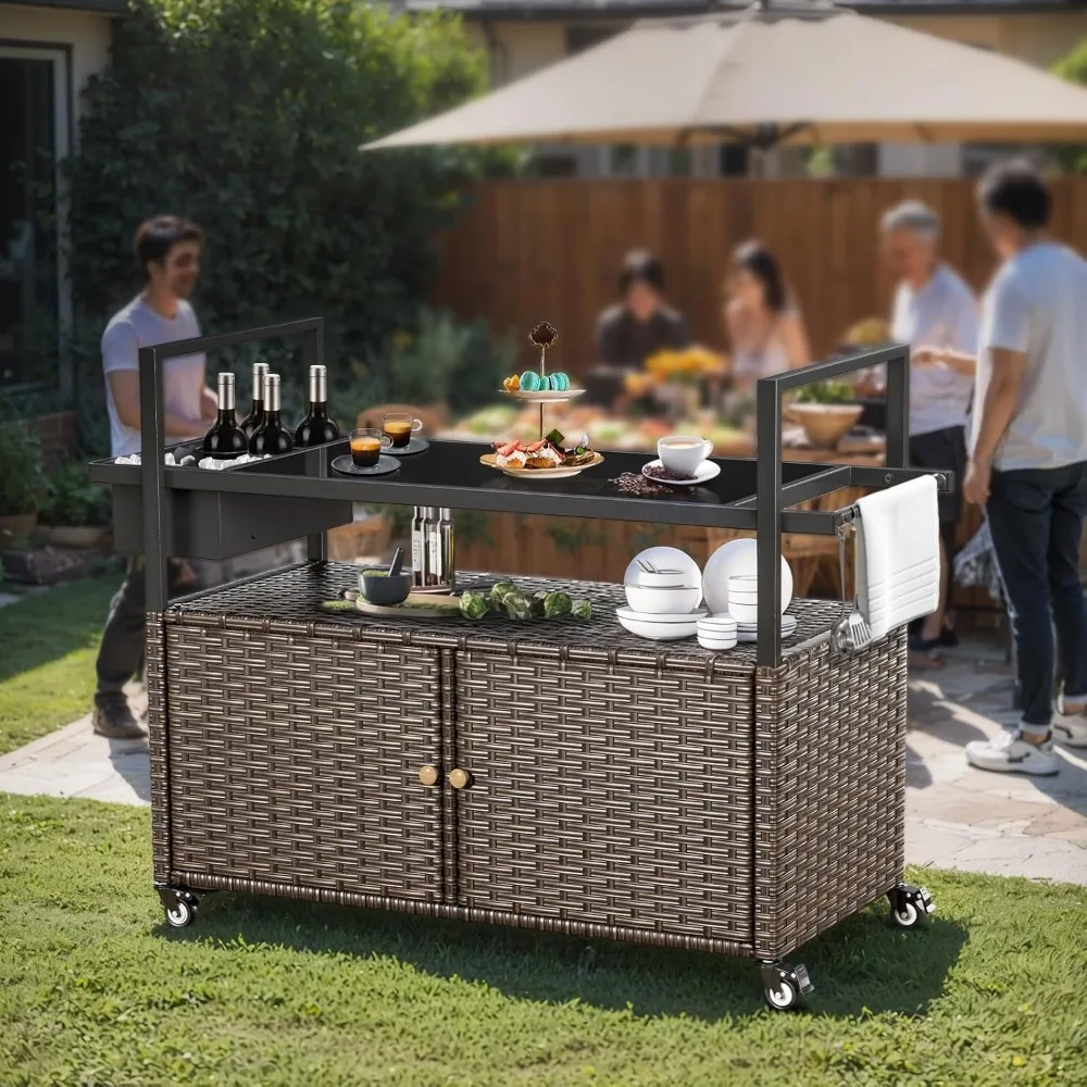 Outdoor Kitchen Brown Wicker Island Rolling Cart and Storage Bar Tables, 4 Metal Wheels and 8mm Black Tempered Glass Table Top,
Outdoor Kitchen Brown Wicker Island Rolling Cart and Storage Bar Tables, 4 Metal Wheels and 8mm Black Tempered Glass Table Top,