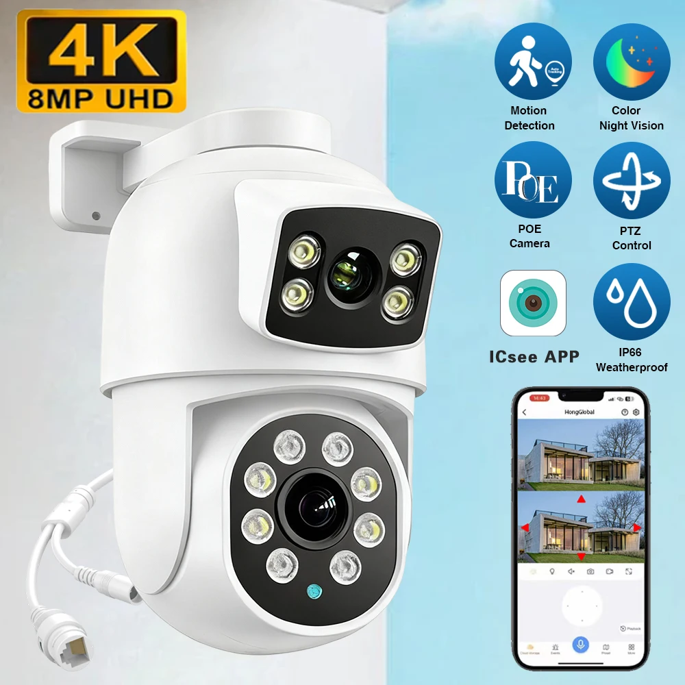 8MP HD POE PTZ Camera Outdoor 4K Dual Lens Dual Screen Motion Detection IP Camera CCTV Audio Video Surveillance P2P iCSee
8MP HD POE PTZ Camera Outdoor 4K Dual Lens Dual Screen Motion Detection IP Camera CCTV Audio Video Surveillance P2P iCSee