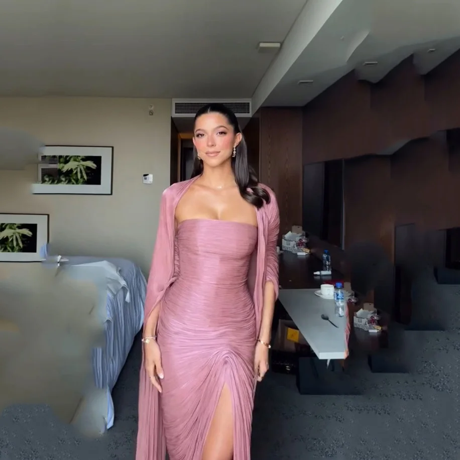 Simple Tulle Pleat Evening Dress Strapless With Shawl Mermaid High Slit Elegant Arabic Formal Party Prom Gown Vestido Customized
Simple Tulle Pleat Evening Dress Strapless With Shawl Mermaid High Slit Elegant Arabic Formal Party Prom Gown Vestido Customized