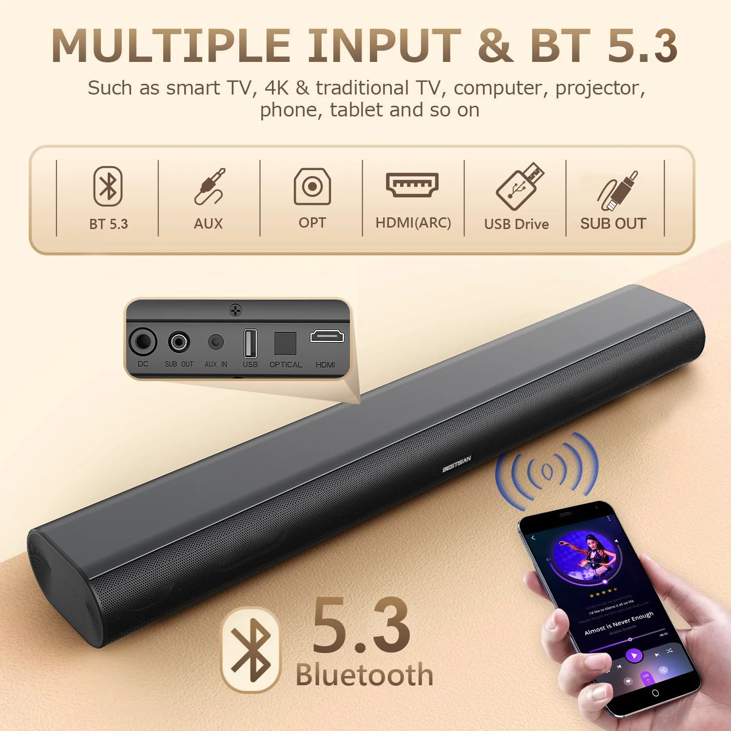 Мощная звуковая панель 60 Вт с 3D-стереозвуком, режимами подключения BT, AUX, OPT, HDMI, USB для ТВ, ПК, проектора, смартфона, планшета
Мощная звуковая панель 60 Вт с 3D-стереозвуком, режимами подключения BT, AUX, OPT, HDMI, USB для ТВ, ПК, проектора, смартфона, планшета