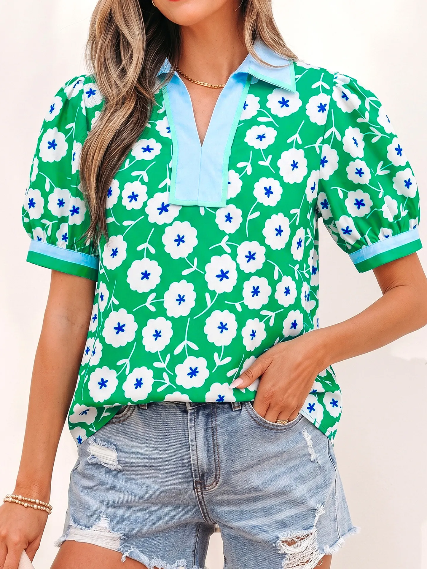 DearLover Floral Print V-Neck Bubble Sleeve Shirt Women's Summer New Color Block Overhead Shirt Casual Loose Fit Polyester
DearLover Floral Print V-Neck Bubble Sleeve Shirt Women's Summer New Color Block Overhead Shirt Casual Loose Fit Polyester