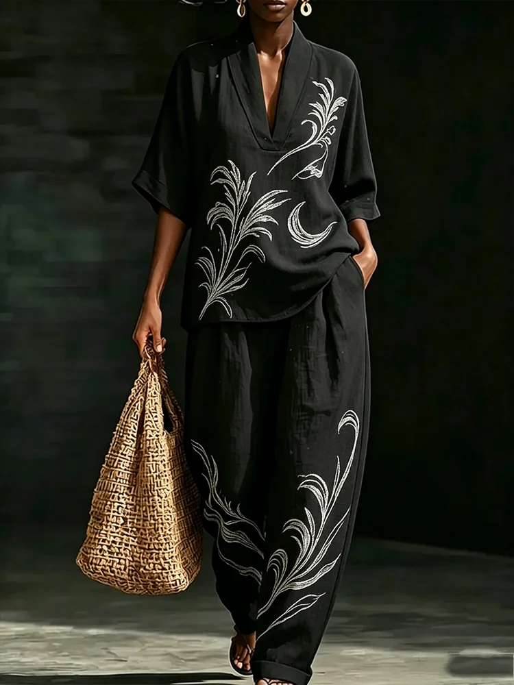 Women's Boho 2-Piece Matching Set Abstract Printed V-Neck Loose Top Paired with Wide-Leg Pants Side Pocket Summer Casual Outfit
Women's Boho 2-Piece Matching Set Abstract Printed V-Neck Loose Top Paired with Wide-Leg Pants Side Pocket Summer Casual Outfit