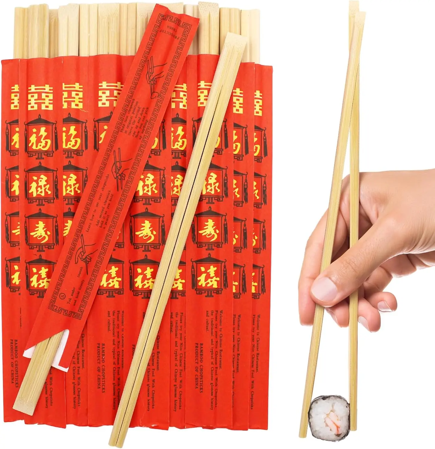 9 inch 50 pcs Red Paper Wrapped Disposable Bamboo Chopsticks with FU-LU-SHOU-XI, Perfect for Wedding, Parties
9 inch 50 pcs Red Paper Wrapped Disposable Bamboo Chopsticks with FU-LU-SHOU-XI, Perfect for Wedding, Parties