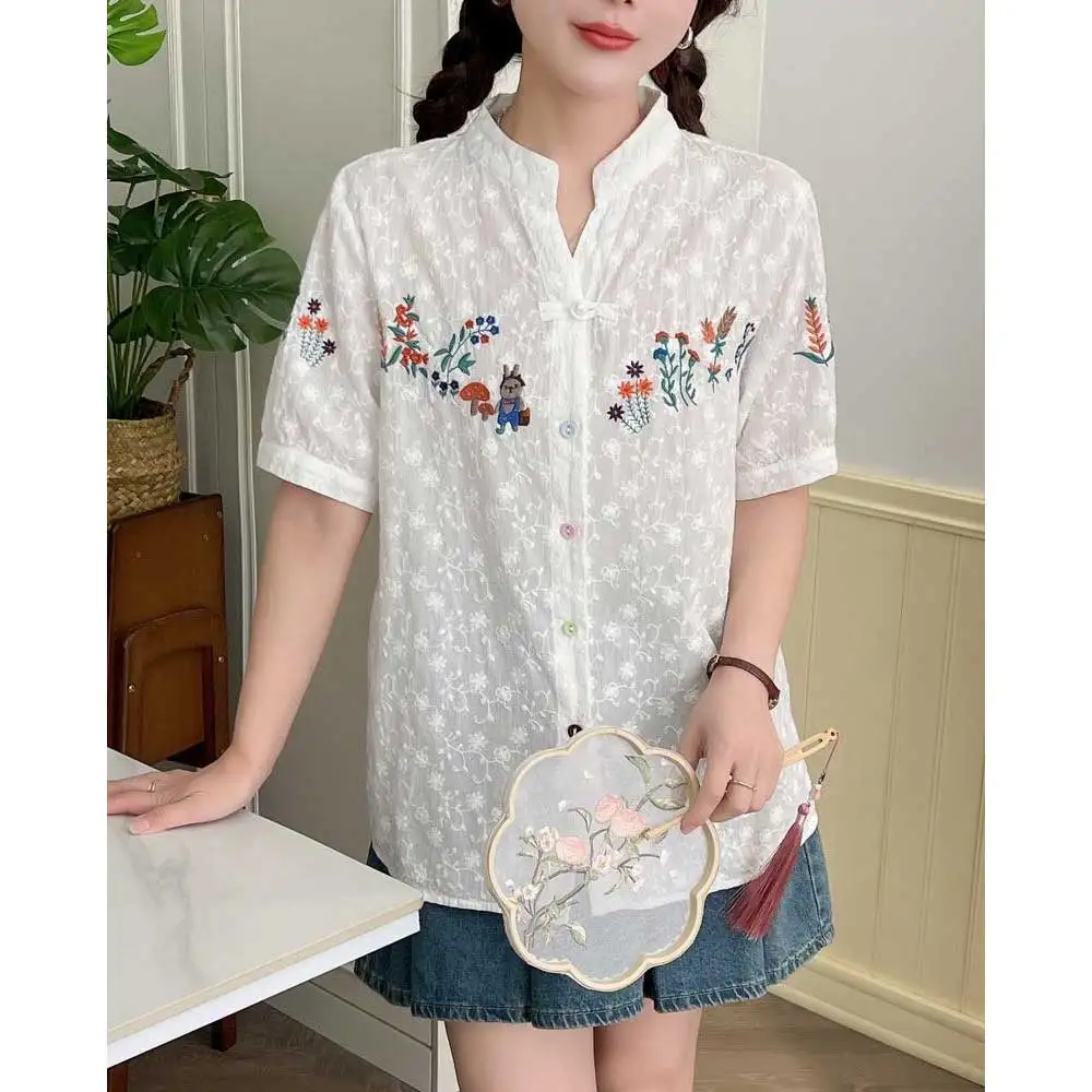 Japanese Sweet Mori Girl Lace Floral Cartoon Rabbit Embroidery Shirts Women Summer V-Neck Short Sleeve Chinese buttons Blouse
Japanese Sweet Mori Girl Lace Floral Cartoon Rabbit Embroidery Shirts Women Summer V-Neck Short Sleeve Chinese buttons Blouse