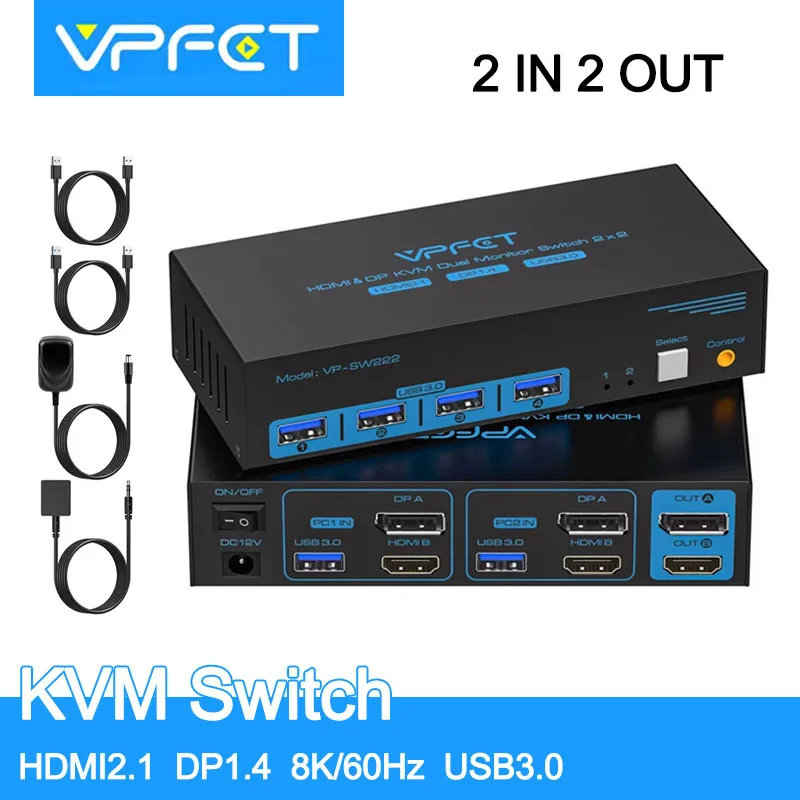 KVM Switch HDMI2.1 DP1.4 8K/60Hz 2 Computers 2 Monitors Supports HDCP2.2 USB3.0 Device Share Keyboard Mouse Printer Monitor
KVM Switch HDMI2.1 DP1.4 8K/60Hz 2 Computers 2 Monitors Supports HDCP2.2 USB3.0 Device Share Keyboard Mouse Printer Monitor