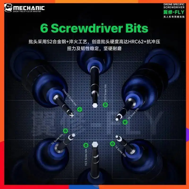 MECHANIC FLY Precision Screwdriver for Drone Maintenance 6 Piece Bit Set Anti Slip Anti Strip Strong Magnet for UAV Gimbal Motor
MECHANIC FLY Precision Screwdriver for Drone Maintenance 6 Piece Bit Set Anti Slip Anti Strip Strong Magnet for UAV Gimbal Motor