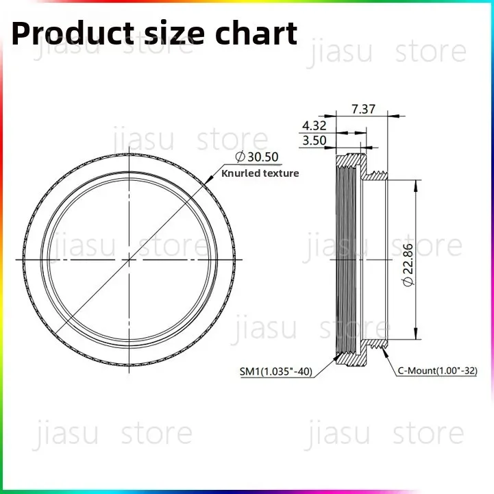 Optical thread adapter C-Mount (1.00 "-32) external thread and SM1 (1.035" -40) internal thread
Optical thread adapter C-Mount (1.00 "-32) external thread and SM1 (1.035" -40) internal thread