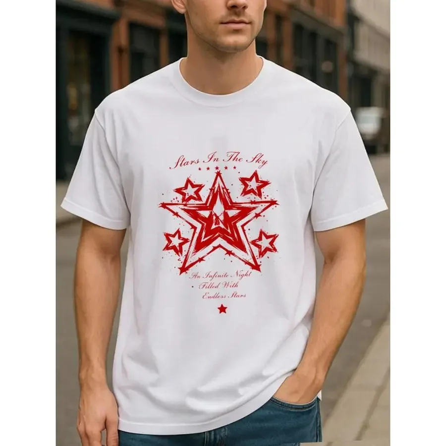 Artistic And Romantic Style T-Shirt Featuring The "Sky Star" Red Star Cluster, Designed for Men with a Casual Short-Sleeve Roun
Artistic And Romantic Style T-Shirt Featuring The "Sky Star" Red Star Cluster, Designed for Men with a Casual Short-Sleeve Roun