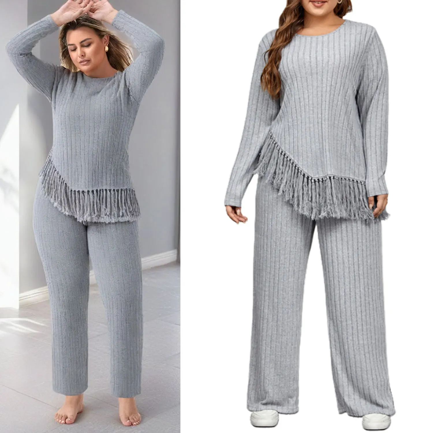 Women 2 Piece Outfits Plus Size Irregular Tassel Long Sleeves Shirt and Elastic Wide Leg Pants Set Oversized Knit Sweater Set
Women 2 Piece Outfits Plus Size Irregular Tassel Long Sleeves Shirt and Elastic Wide Leg Pants Set Oversized Knit Sweater Set