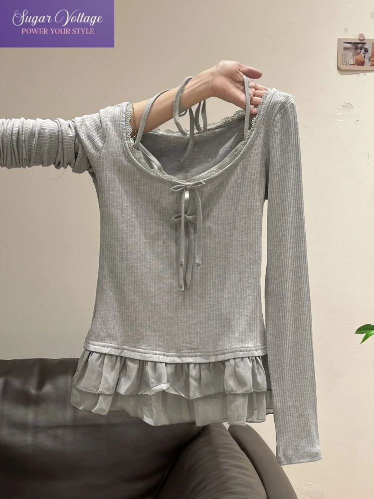 Early Autumn Bow Halter Long Sleeve T Shirt Women Fake 2 Piece Design Ruffle Hem Slim Fit Top Sweet Kawaii Cute Aesthetic Outfit
Early Autumn Bow Halter Long Sleeve T Shirt Women Fake 2 Piece Design Ruffle Hem Slim Fit Top Sweet Kawaii Cute Aesthetic Outfit