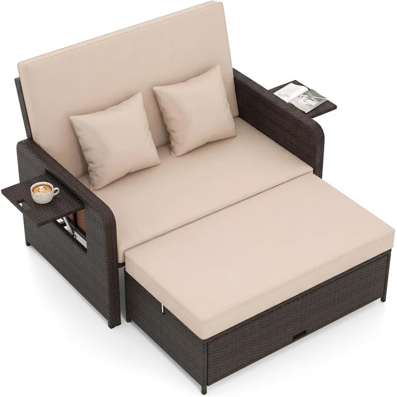 4-Level Adjustable Backrest PE Wicker Daybed, Double Sunbed with Storage Ottoman & Folding Side Tray, Outdoor Loveseat Lounger
4-Level Adjustable Backrest PE Wicker Daybed, Double Sunbed with Storage Ottoman & Folding Side Tray, Outdoor Loveseat Lounger