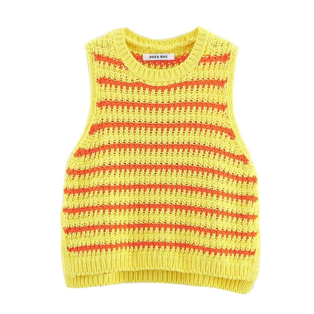 European and American style summer new women's clothing design sense striped round neck sleeveless knitted top
European and American style summer new women's clothing design sense striped round neck sleeveless knitted top
