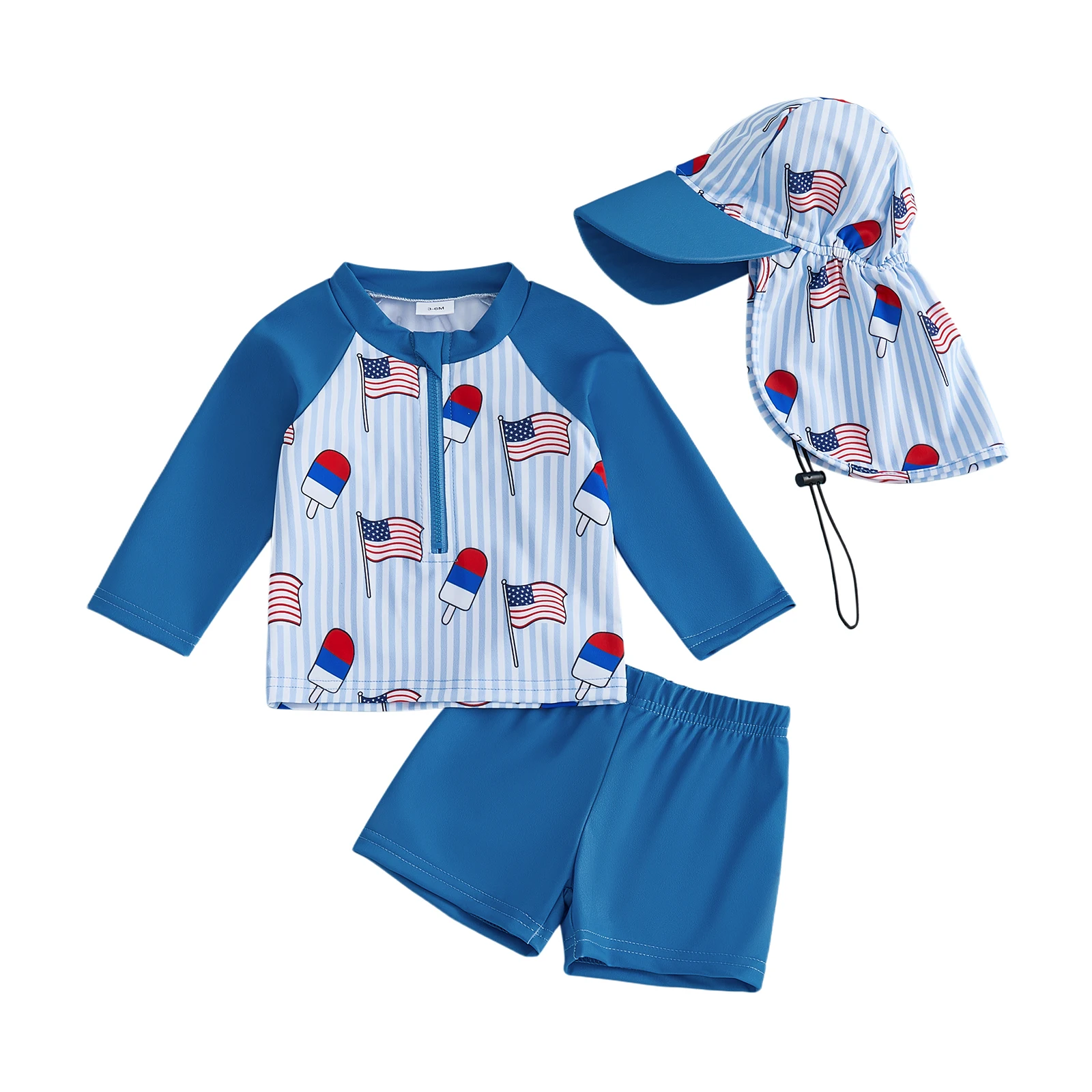 Boys Rash Guard Swimsuit Set 4th of July American Flag Popsicle Print Long Sleeve Tops with Elastic Waist Shorts Hat
Boys Rash Guard Swimsuit Set 4th of July American Flag Popsicle Print Long Sleeve Tops with Elastic Waist Shorts Hat