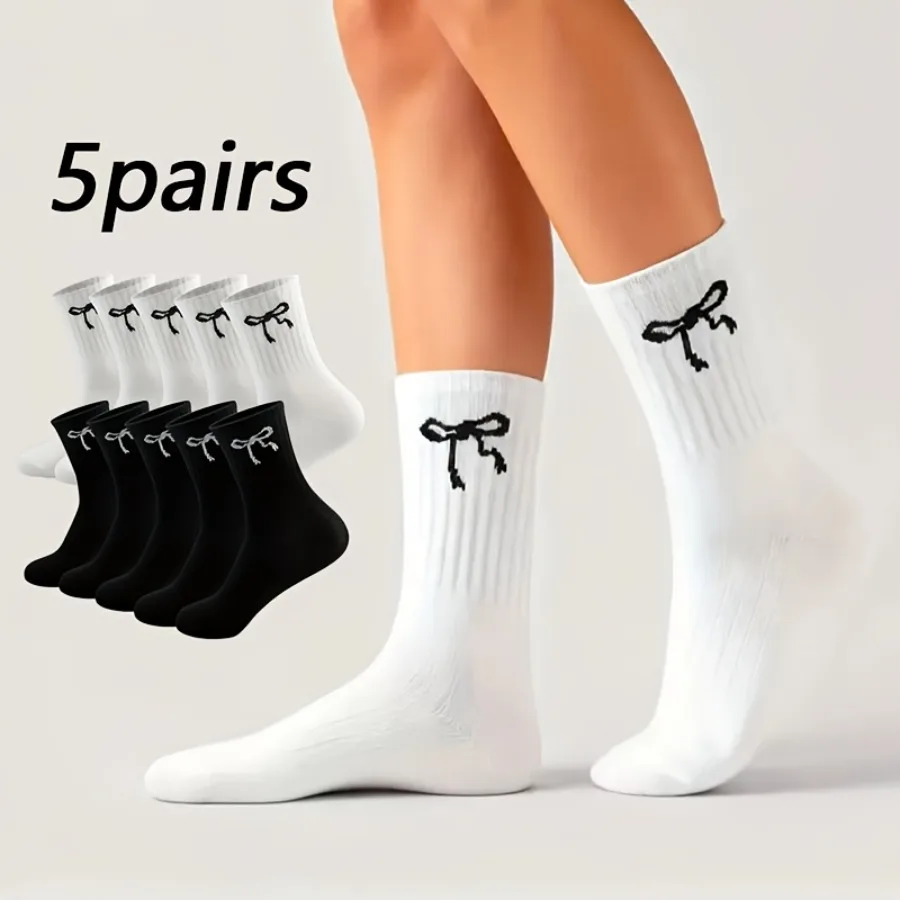 5 pairs of simple men's and women's mid tube socks, black bow breathable ribbed texture, elastic sock mouth
5 pairs of simple men's and women's mid tube socks, black bow breathable ribbed texture, elastic sock mouth