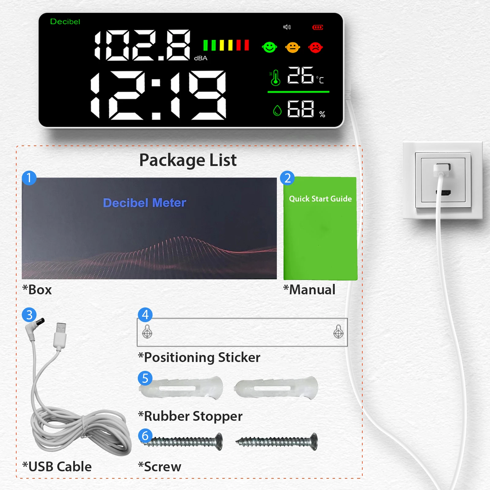 Digital Decibel Meter Temp Humidity 3 Speed Sound Sampling Wall Mount Monitor for Home Office School Library Nursery Indoor
Digital Decibel Meter Temp Humidity 3 Speed Sound Sampling Wall Mount Monitor for Home Office School Library Nursery Indoor