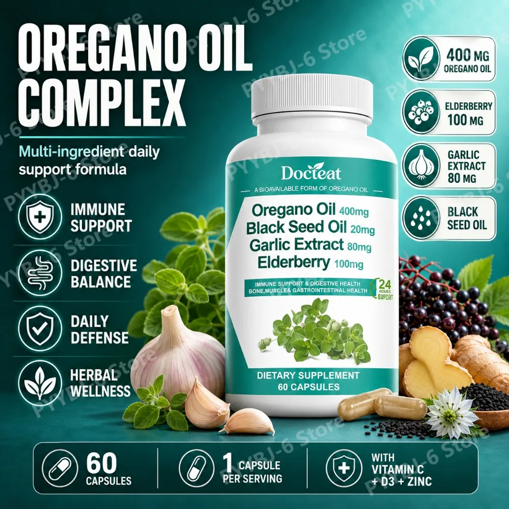 Docteat Oregano Oil Capsules with Black Seed Garlic Extract Elderberry Vitamin C D3 Zinc Digestive Balance Immune Support 60pcs
Docteat Oregano Oil Capsules with Black Seed Garlic Extract Elderberry Vitamin C D3 Zinc Digestive Balance Immune Support 60pcs