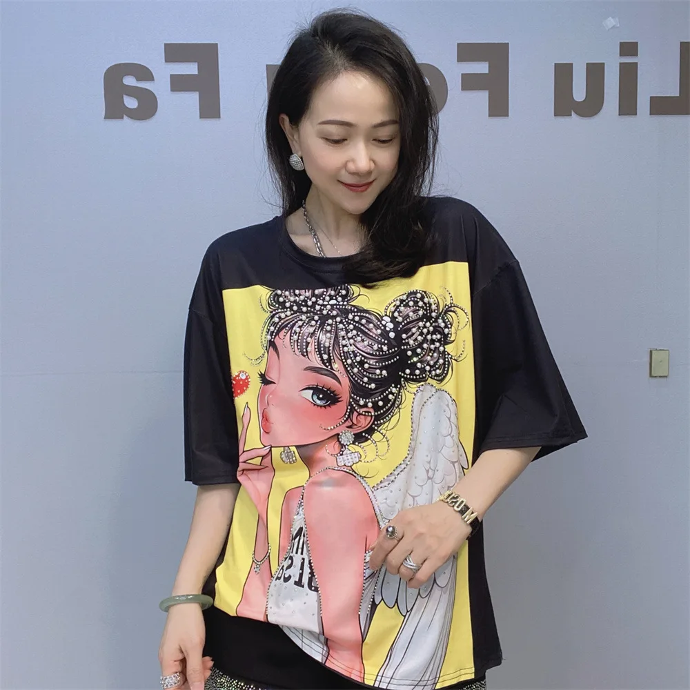 Summer Round Neck Loose Short-sleeved T-shirt Women's Fashionable Beaded White Wings Girl Cartoon Print Half-sleeved Top
Summer Round Neck Loose Short-sleeved T-shirt Women's Fashionable Beaded White Wings Girl Cartoon Print Half-sleeved Top