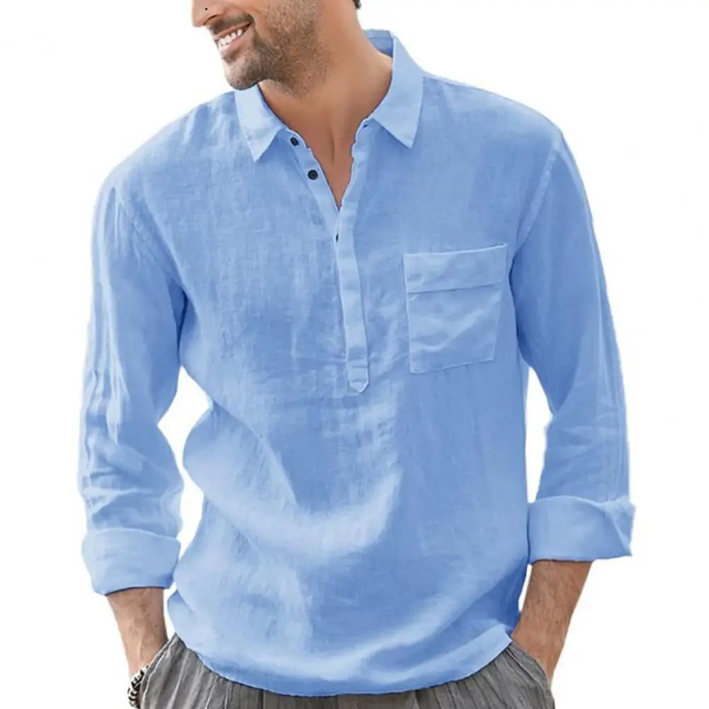 Casual Men Tops Solid Color Long Sleeve Pocket Slim Type Turn-down Collar Pullover Summer Blouse T-shirt for Daily Wear
Casual Men Tops Solid Color Long Sleeve Pocket Slim Type Turn-down Collar Pullover Summer Blouse T-shirt for Daily Wear