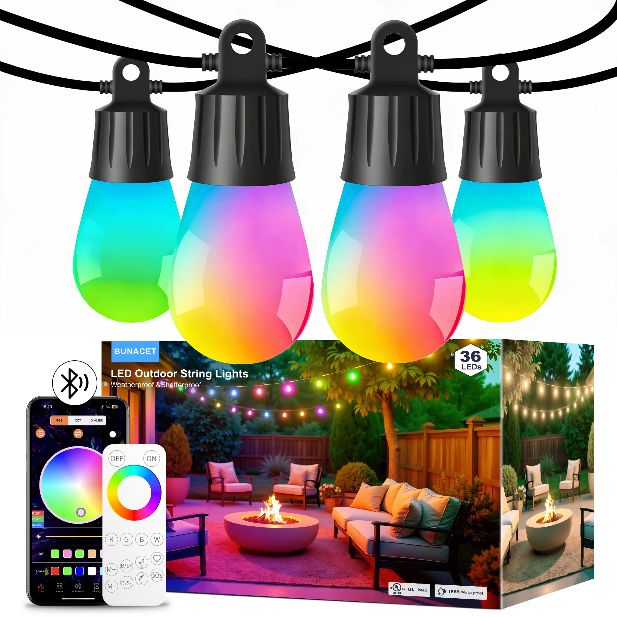 Bluetooth RGBW Outdoor String Lights, 36 LED S14 Color Changing Patio Lights with Remote & APP Control, IP65 Waterproof Dimmable LED Globe Bulb String Lights for Backyard, Garden, Party, Cafe Decor
Bluetooth RGBW Outdoor String Lights, 36 LED S14 Color Changing Patio Lights with Remote & APP Control, IP65 Waterproof Dimmable LED Globe Bulb String Lights for Backyard, Garden, Party, Cafe Decor