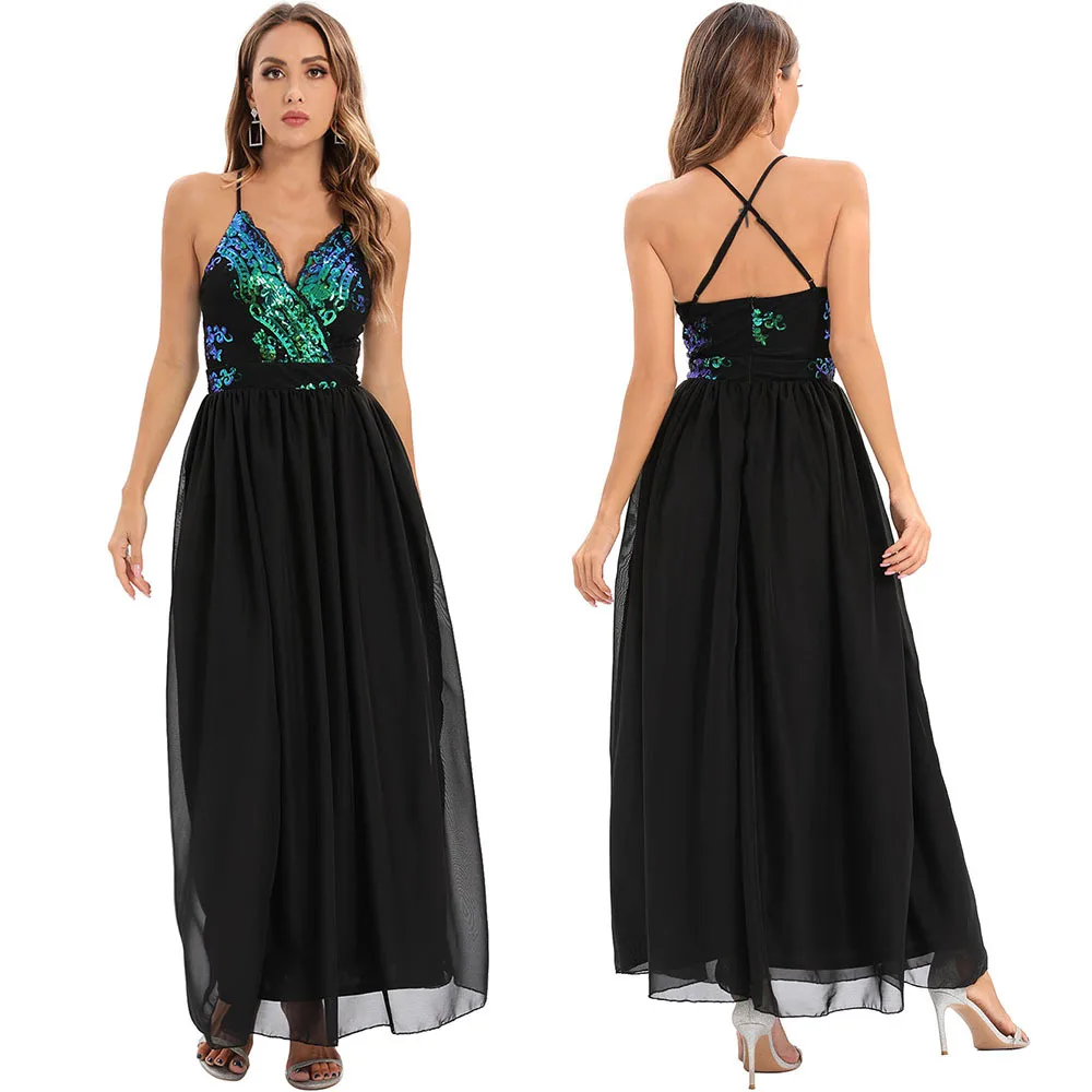 Sexy backless suspender sequined women's long dress evening dress temperament elegant simple high-end clothing dance costume
Sexy backless suspender sequined women's long dress evening dress temperament elegant simple high-end clothing dance costume