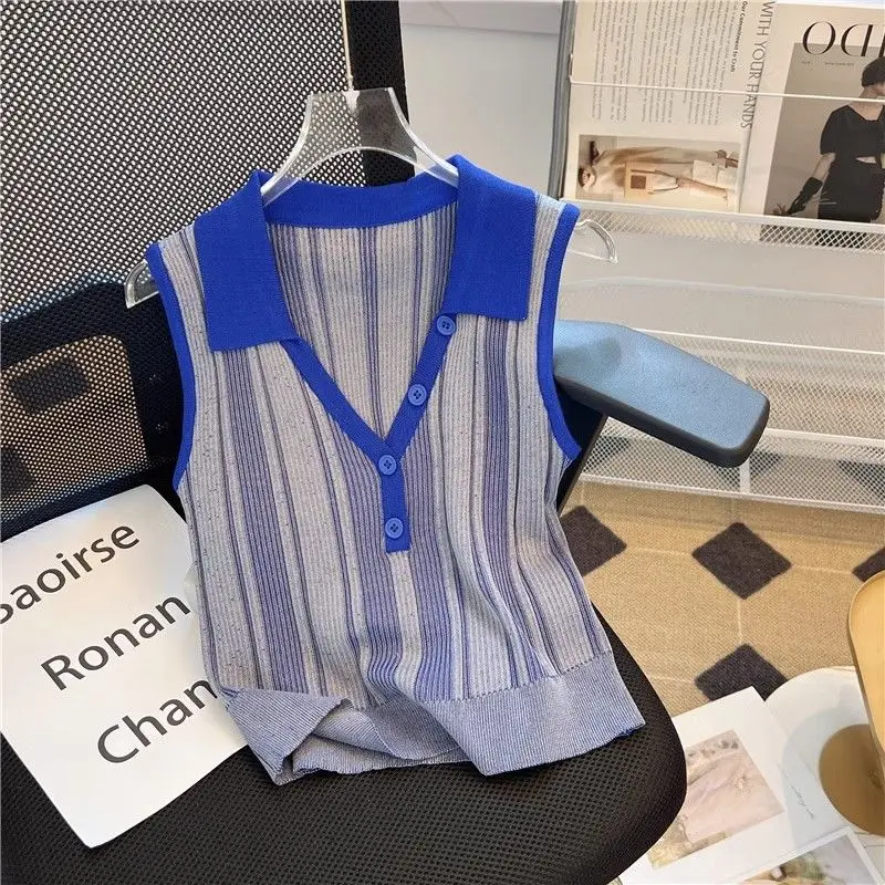 Vintage Polo-Neck Striped Sling Knitting Tank Top Femme Summer Korean All-match Trend Patchwork Slim Pullovers Women's Top Tee
Vintage Polo-Neck Striped Sling Knitting Tank Top Femme Summer Korean All-match Trend Patchwork Slim Pullovers Women's Top Tee