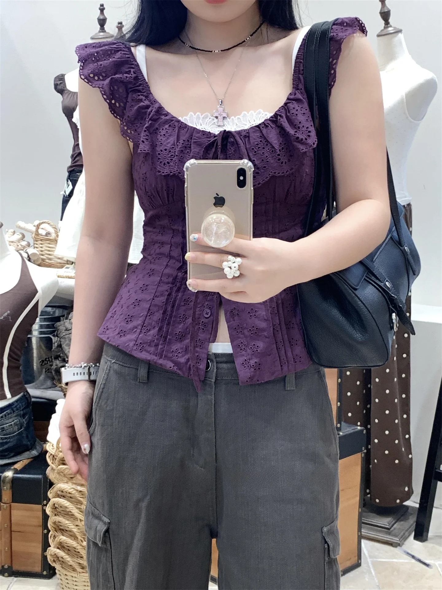 Purple Lace Trim Short Sleeve Shirt Women's Summer Slim Fit Waist Cinching Unique Super Beautiful Top French Style MOOJRRO
Purple Lace Trim Short Sleeve Shirt Women's Summer Slim Fit Waist Cinching Unique Super Beautiful Top French Style MOOJRRO