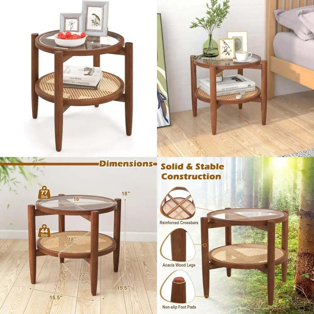 Two-Tier Glass Top Sofa Side Table with Rattan Storage Shelf, Modern Accent Bedside Table for Living Room
Two-Tier Glass Top Sofa Side Table with Rattan Storage Shelf, Modern Accent Bedside Table for Living Room