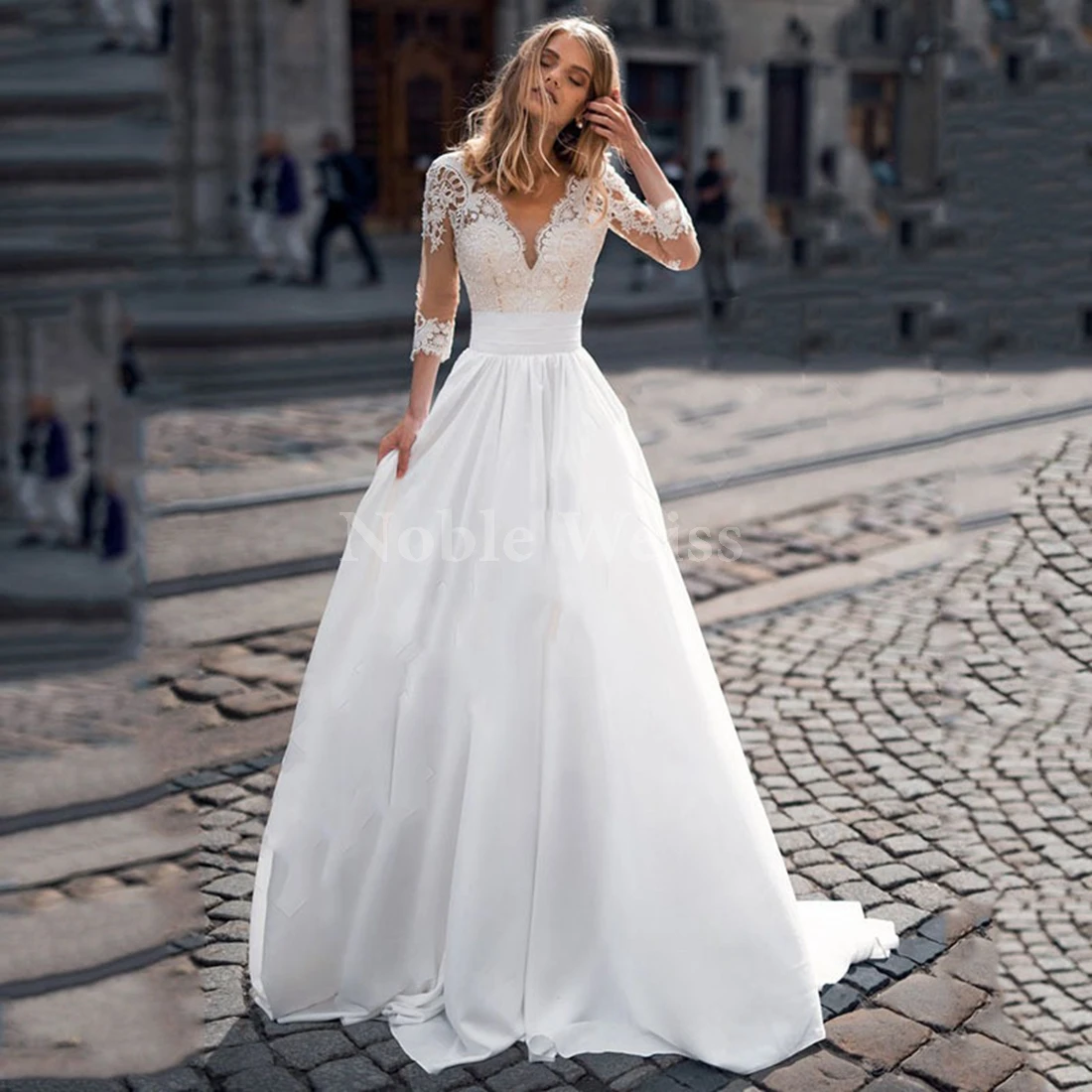 Elegant Three Quarter Sleeve Soft Satin V-Neck Wedding Dress with Brush Train Customized
Elegant Three Quarter Sleeve Soft Satin V-Neck Wedding Dress with Brush Train Customized