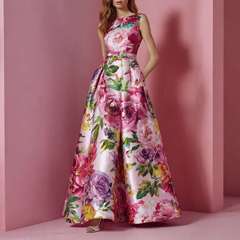 Women's Floral Print Round Neck Satin Maxi Dress Sleeveless High Waist A-Line Elegant Wedding Guest Cocktail Party Evening Dress
Women's Floral Print Round Neck Satin Maxi Dress Sleeveless High Waist A-Line Elegant Wedding Guest Cocktail Party Evening Dress